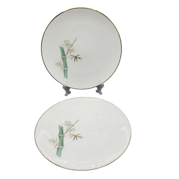 Vtg Noritake Japan Oriental Bamboo Design Dinner Plates Set Of 2 Gold Trim 10.5" - Picture 1 of 10